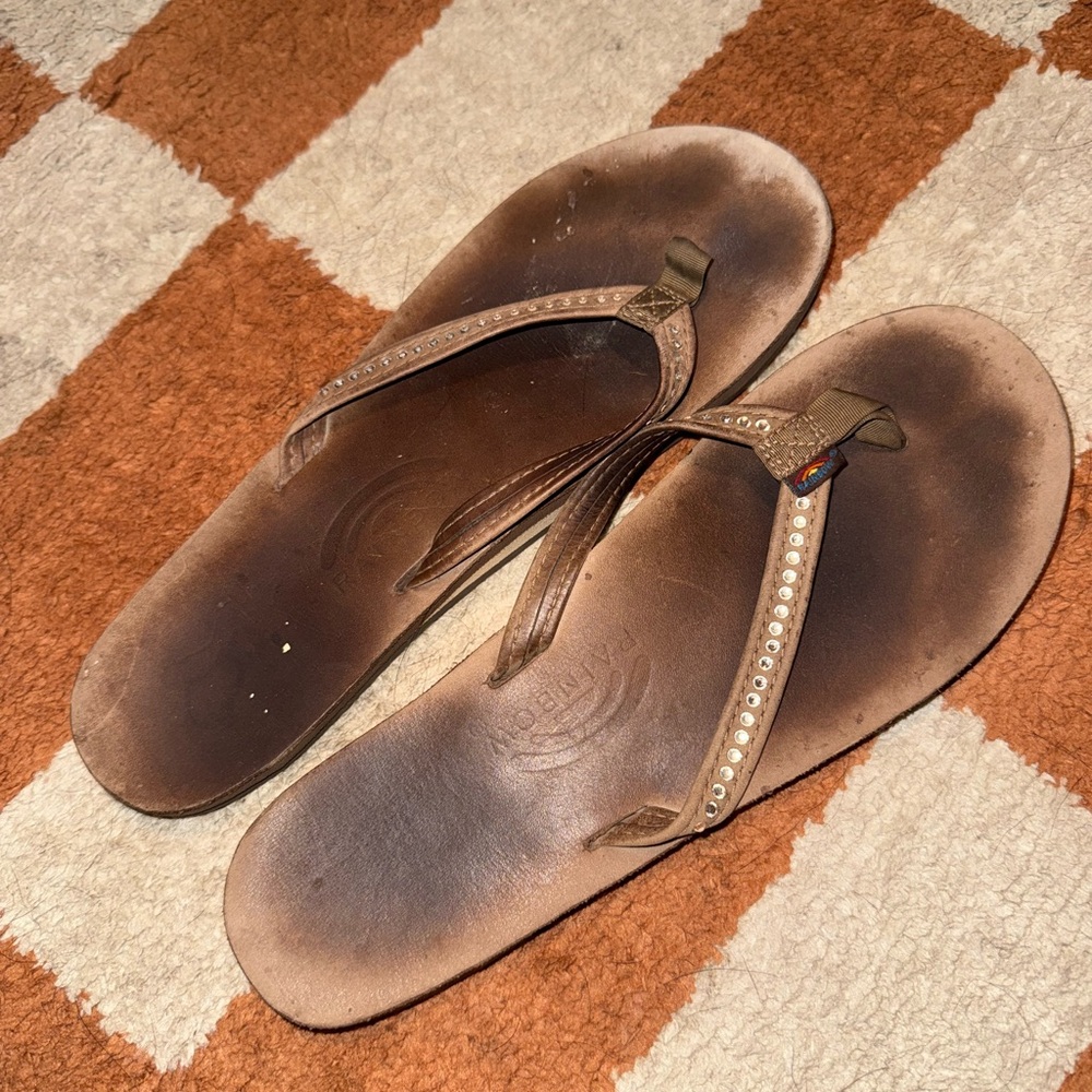 Stylish Brown Rainbow Flip-Flops with Rhinestone Accents